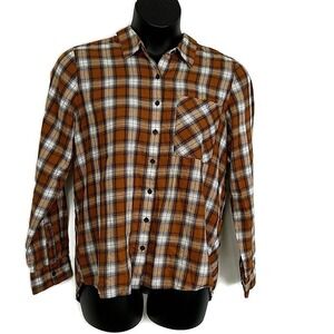 Girl Krazy Brown Plaid Flannel Shirt Boyfriend Fit Grunge Western Boho sz XL